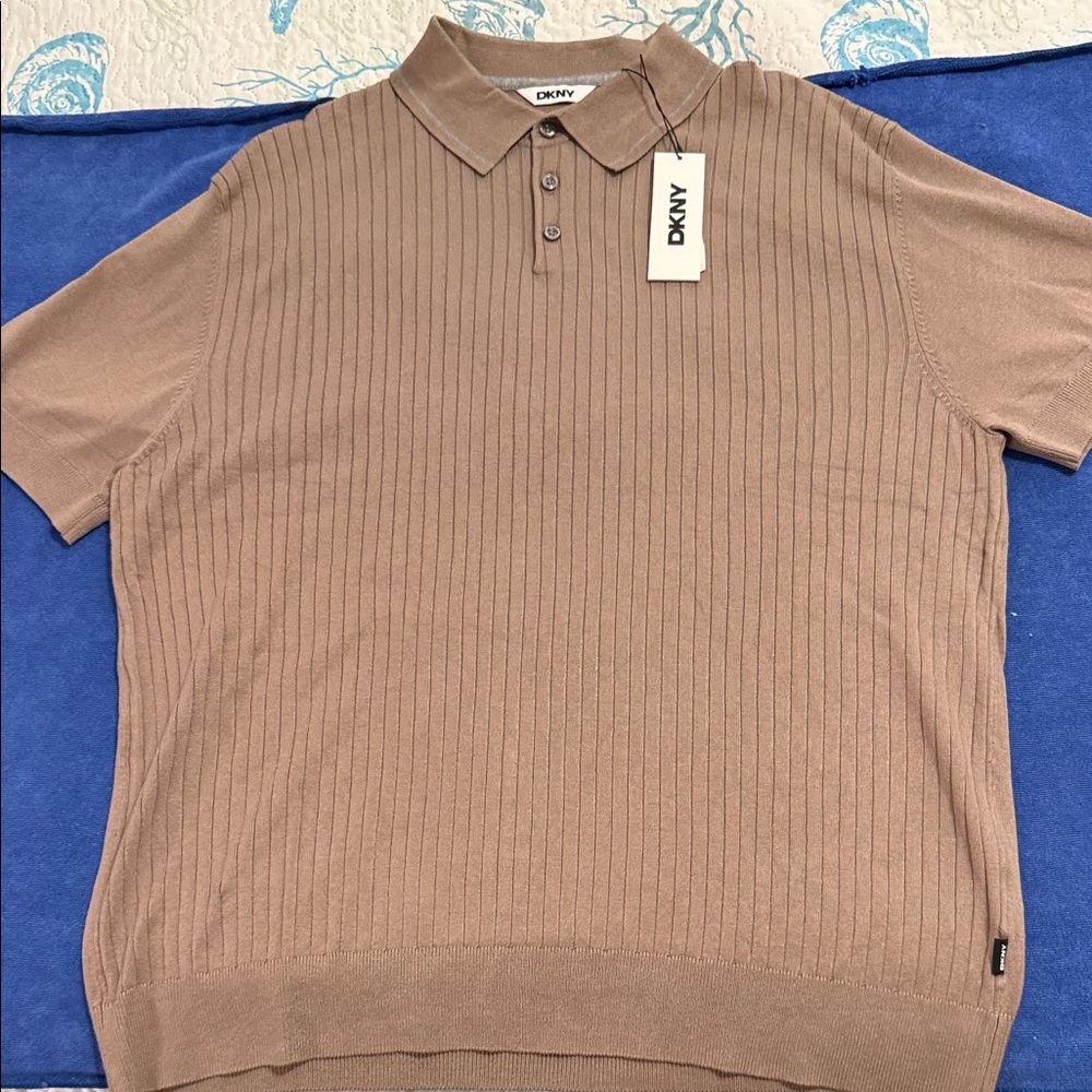 DKNY Men's Tan/Taupe Size Large 3 button Polo Shirt Ribbed NWTS $99